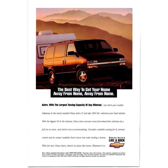 Chevy Astro Van Vintage Print Ad 1995 Original u Towing Camper in Mountains - Picture 1 of 4